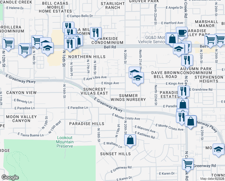 map of restaurants, bars, coffee shops, grocery stores, and more near 1913 East Grandview Road in Phoenix