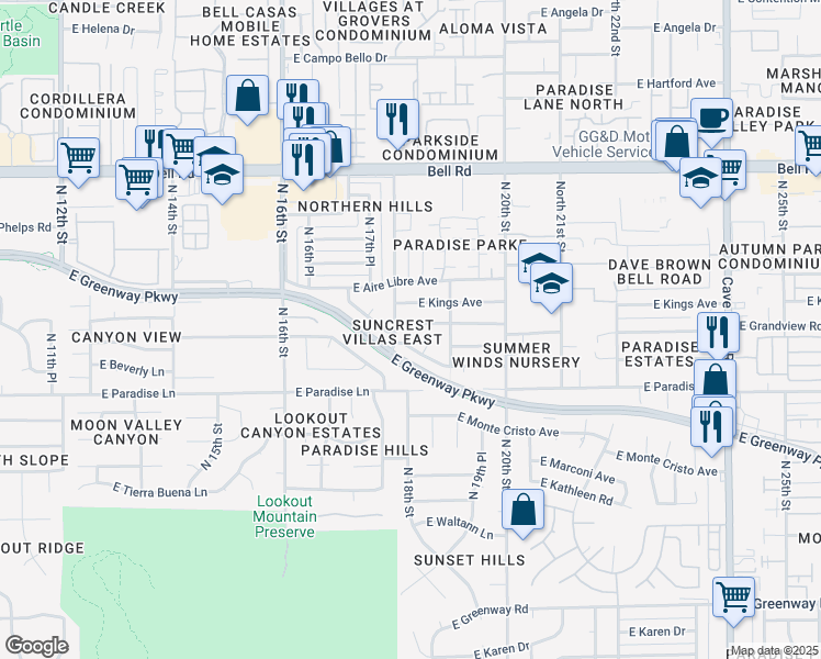 map of restaurants, bars, coffee shops, grocery stores, and more near 1832 East Sandra Terrace in Phoenix