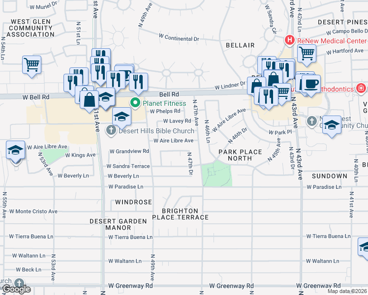 map of restaurants, bars, coffee shops, grocery stores, and more near 16418 North 47th Drive in Glendale