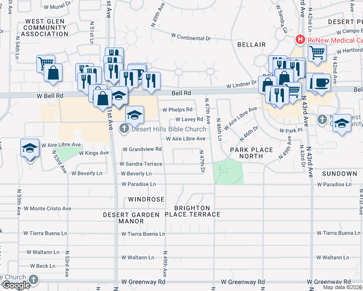 map of restaurants, bars, coffee shops, grocery stores, and more near 4818 West Sandra Terrace in Glendale