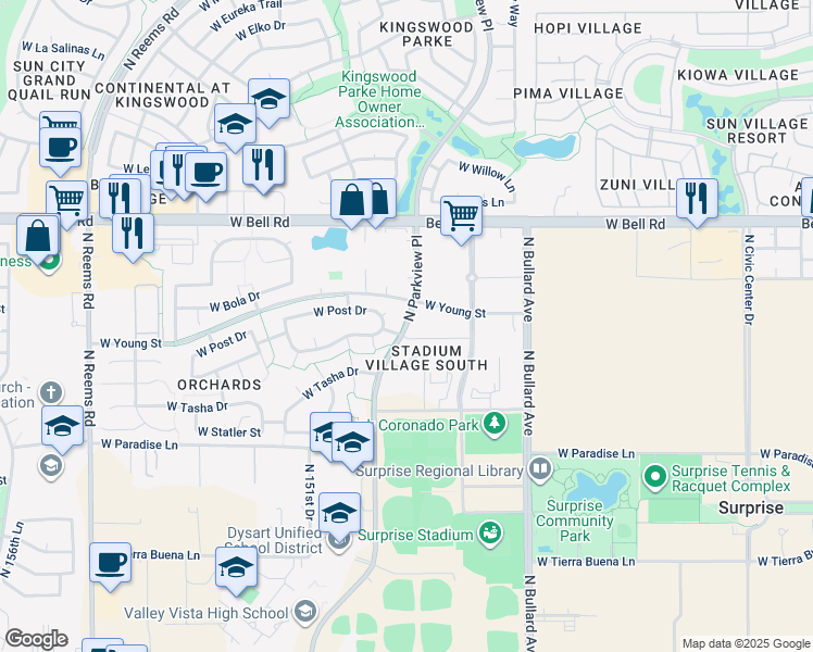 map of restaurants, bars, coffee shops, grocery stores, and more near 16561 North Parkview Place in Surprise