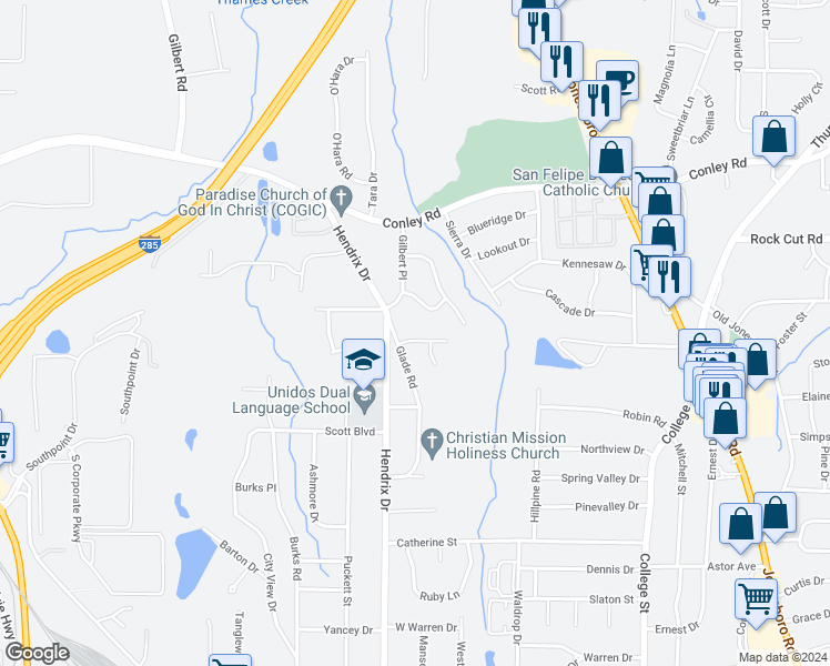 map of restaurants, bars, coffee shops, grocery stores, and more near 4399 Currie Court in Forest Park