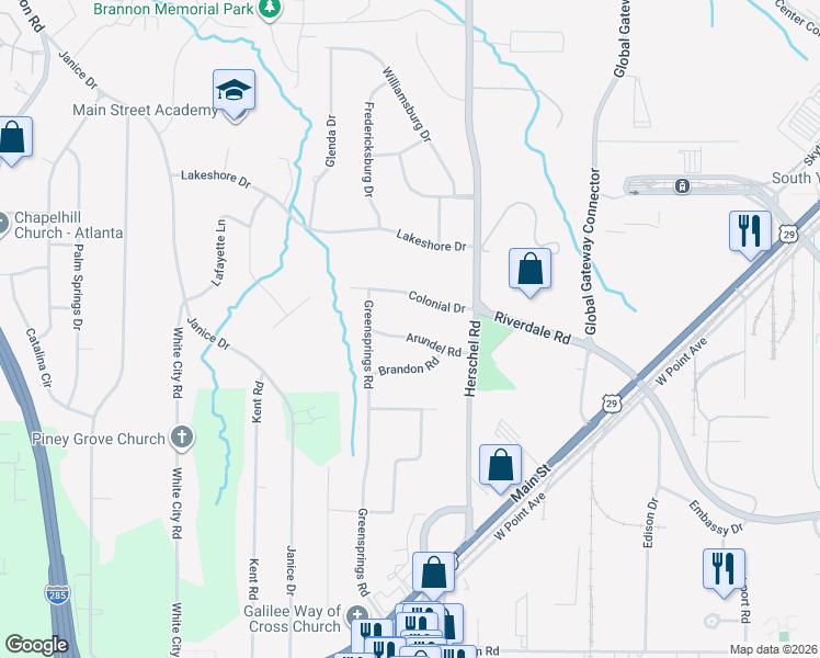map of restaurants, bars, coffee shops, grocery stores, and more near 2627 Arundel Road in College Park