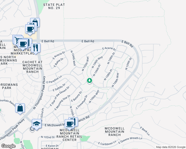 map of restaurants, bars, coffee shops, grocery stores, and more near 16325 North 106th Place in Scottsdale