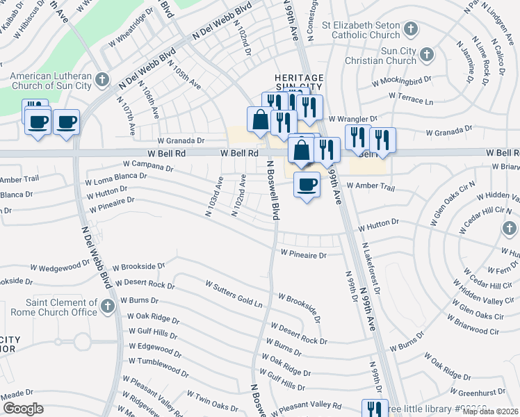 map of restaurants, bars, coffee shops, grocery stores, and more near 10113 West Loma Blanca Drive in Sun City