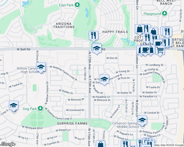 map of restaurants, bars, coffee shops, grocery stores, and more near 16619 North 174th Lane in Surprise