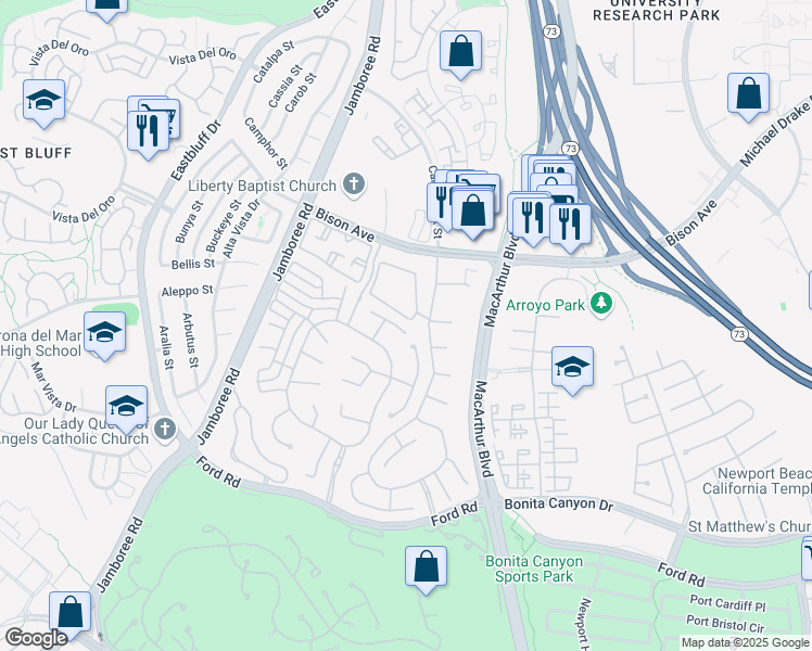 map of restaurants, bars, coffee shops, grocery stores, and more near 6 Jupiter Hills Drive in Newport Beach