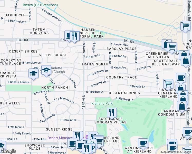 map of restaurants, bars, coffee shops, grocery stores, and more near 6452 East Beverly Lane in Scottsdale