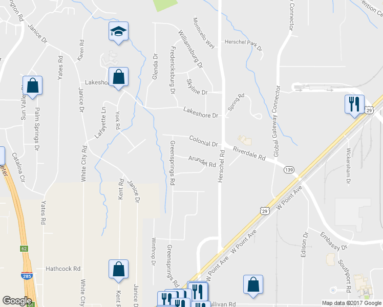 map of restaurants, bars, coffee shops, grocery stores, and more near 2627 Arundel Road in College Park