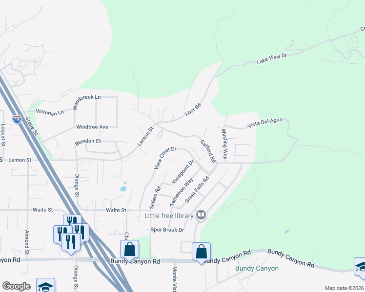map of restaurants, bars, coffee shops, grocery stores, and more near 33423 View Crest Drive in Wildomar