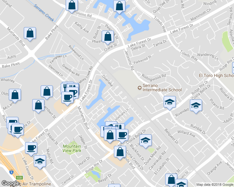 map of restaurants, bars, coffee shops, grocery stores, and more near 22581 Cottonwood Circle in Lake Forest