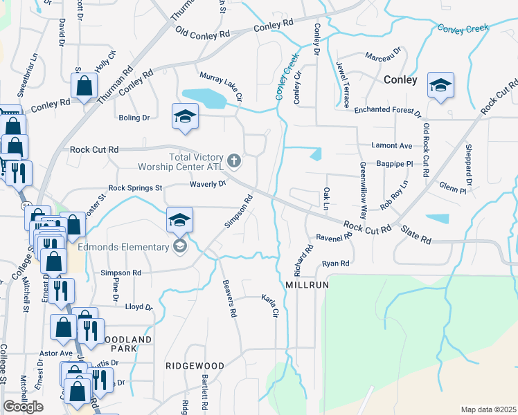 map of restaurants, bars, coffee shops, grocery stores, and more near 4368 Rocky View Drive in Forest Park