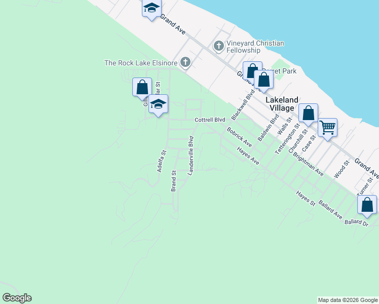 map of restaurants, bars, coffee shops, grocery stores, and more near 33411 Landerville Boulevard in Lake Elsinore