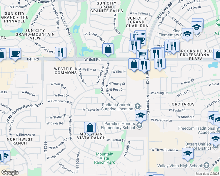 map of restaurants, bars, coffee shops, grocery stores, and more near 15756 West Post Drive in Surprise