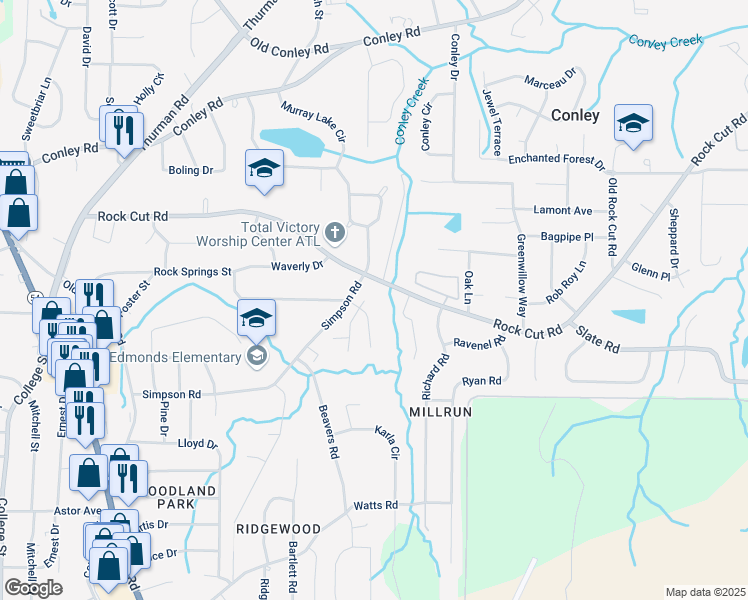 map of restaurants, bars, coffee shops, grocery stores, and more near 1353 Rock Cut Road in Forest Park