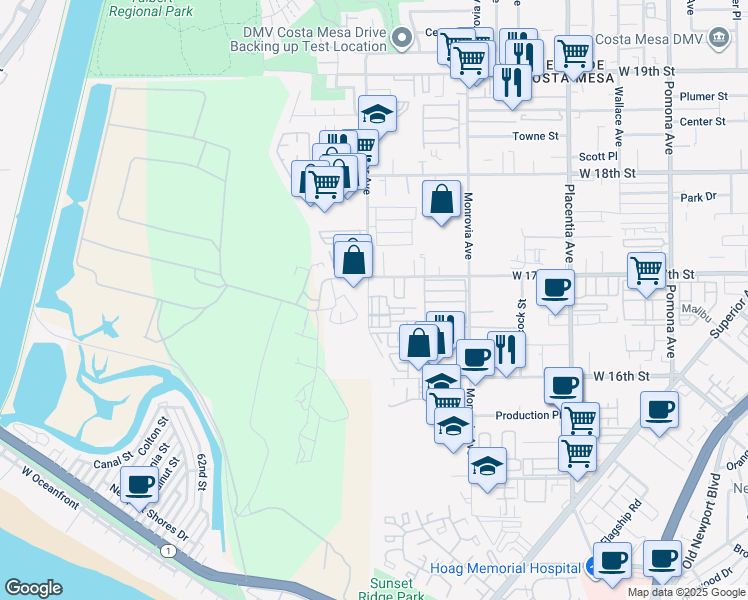 map of restaurants, bars, coffee shops, grocery stores, and more near 1660 Whittier Avenue in Costa Mesa