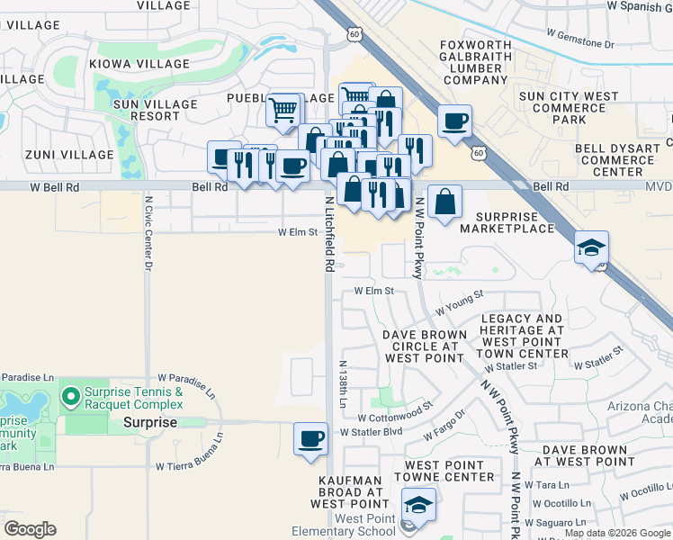 map of restaurants, bars, coffee shops, grocery stores, and more near 16671 North Litchfield Road in Surprise