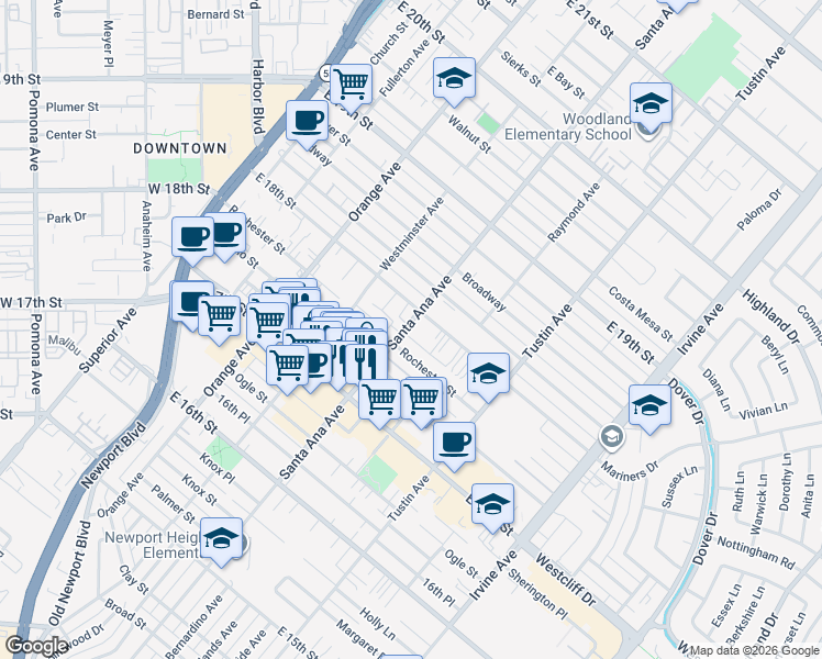 map of restaurants, bars, coffee shops, grocery stores, and more near 1780 Santa Ana Avenue in Costa Mesa