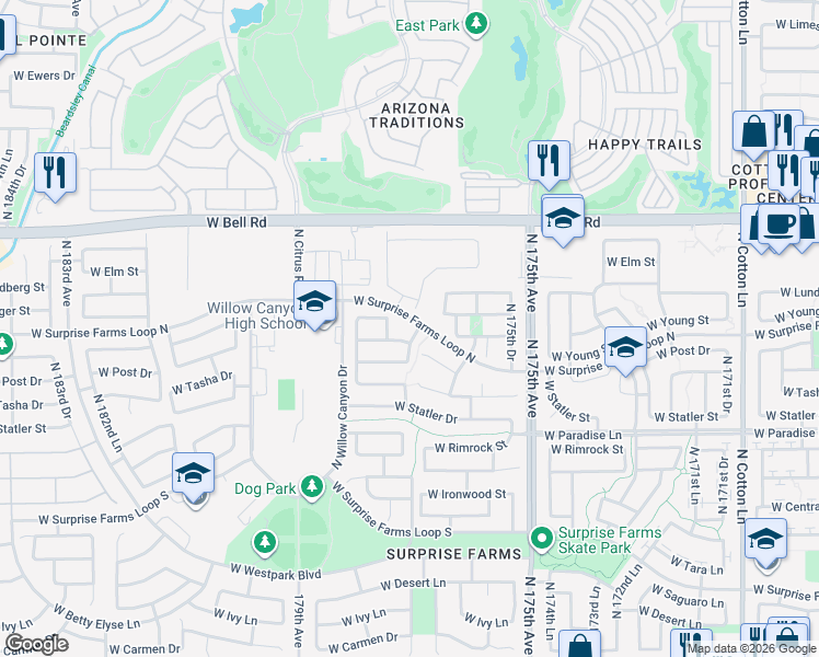 map of restaurants, bars, coffee shops, grocery stores, and more near 16642 North 177th Drive in Surprise