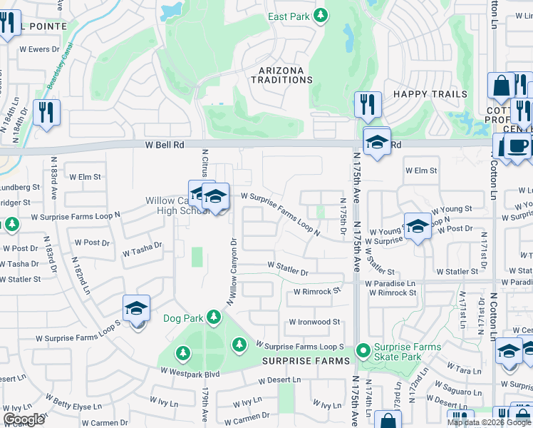 map of restaurants, bars, coffee shops, grocery stores, and more near 16643 North 177th Lane in Surprise