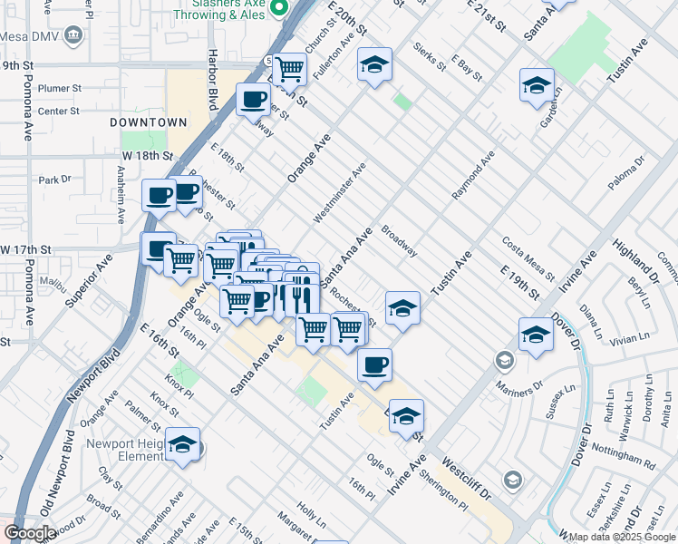 map of restaurants, bars, coffee shops, grocery stores, and more near 288 East 18th Street in Costa Mesa