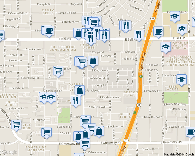 map of restaurants, bars, coffee shops, grocery stores, and more near East Grandview Road in Phoenix