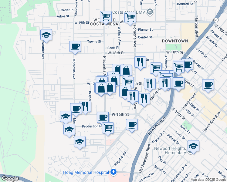 map of restaurants, bars, coffee shops, grocery stores, and more near 755 West 17th Street in Costa Mesa