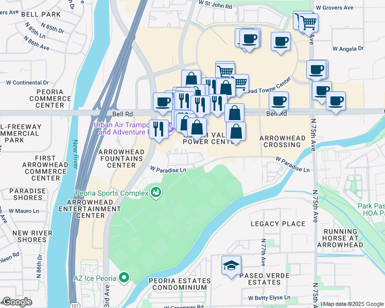 map of restaurants, bars, coffee shops, grocery stores, and more near 8092 West Paradise Lane in Peoria