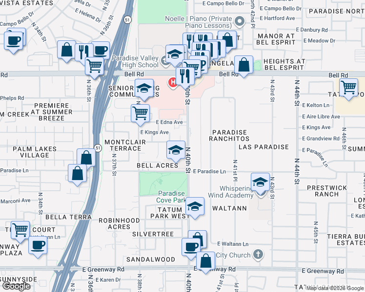 map of restaurants, bars, coffee shops, grocery stores, and more near 16402 North 40th Street in Phoenix