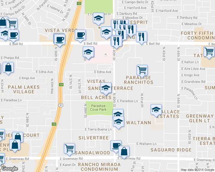map of restaurants, bars, coffee shops, grocery stores, and more near 16419 North 39th Street in Phoenix