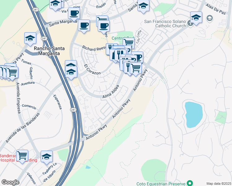 map of restaurants, bars, coffee shops, grocery stores, and more near 92 Calle De Los Ninos in Rancho Santa Margarita
