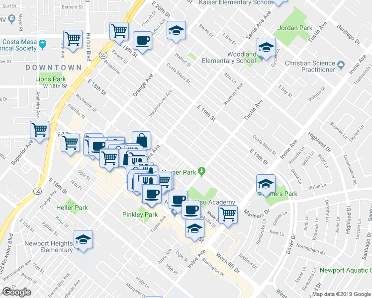 map of restaurants, bars, coffee shops, grocery stores, and more near 332 Magnolia Street in Costa Mesa
