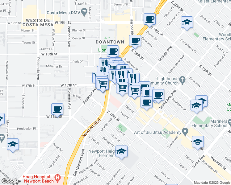 map of restaurants, bars, coffee shops, grocery stores, and more near 141 East 17th Street in Costa Mesa