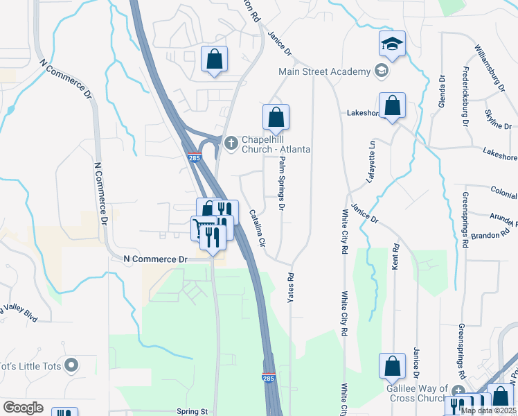 map of restaurants, bars, coffee shops, grocery stores, and more near 4427 Sun Valley Boulevard in Atlanta