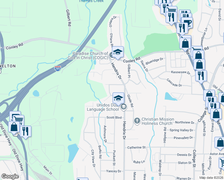 map of restaurants, bars, coffee shops, grocery stores, and more near 547 Springwood Drive in Forest Park