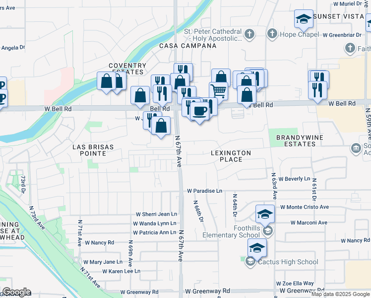 map of restaurants, bars, coffee shops, grocery stores, and more near 16434 North 66th Drive in Glendale