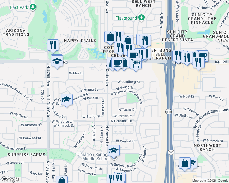 map of restaurants, bars, coffee shops, grocery stores, and more near 17073 West Young Street in Surprise