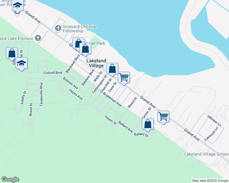 map of restaurants, bars, coffee shops, grocery stores, and more near 33097 Pederson Street in Lake Elsinore