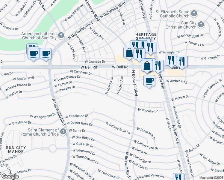 map of restaurants, bars, coffee shops, grocery stores, and more near 16663 North 103rd Avenue in Sun City
