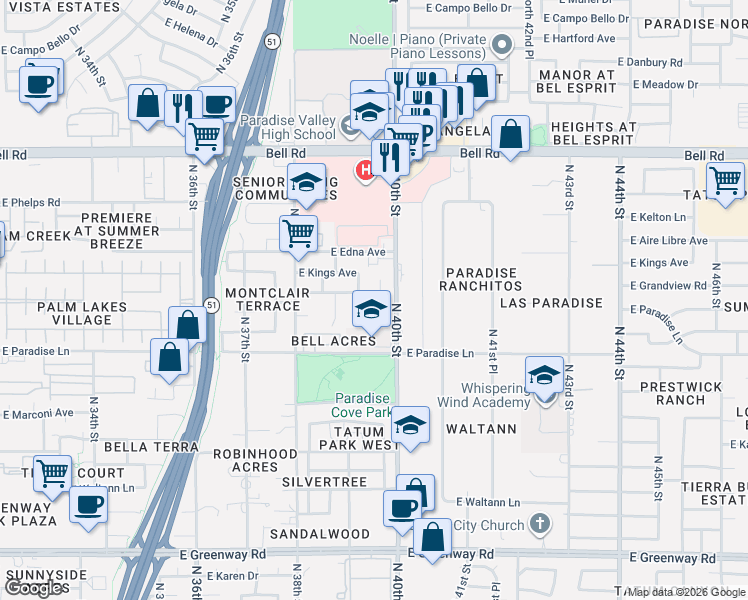 map of restaurants, bars, coffee shops, grocery stores, and more near 16419 North 39th Street in Phoenix
