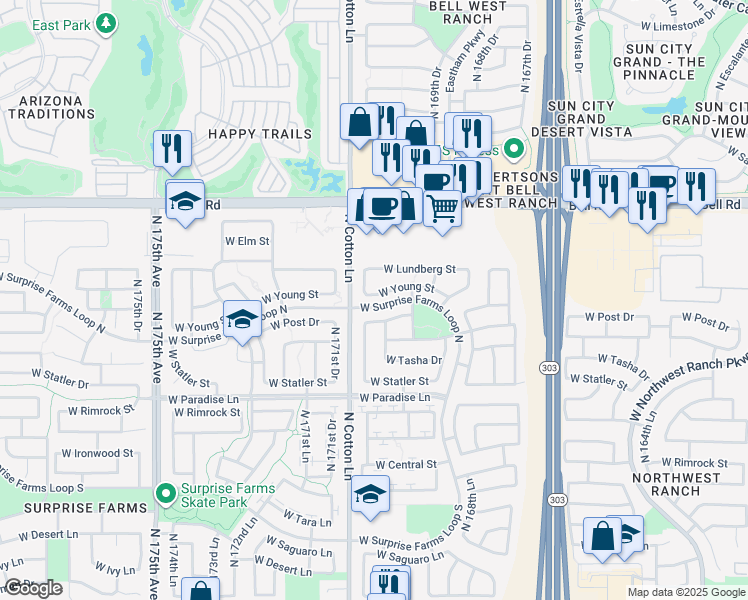 map of restaurants, bars, coffee shops, grocery stores, and more near 17073 West Young Street in Surprise