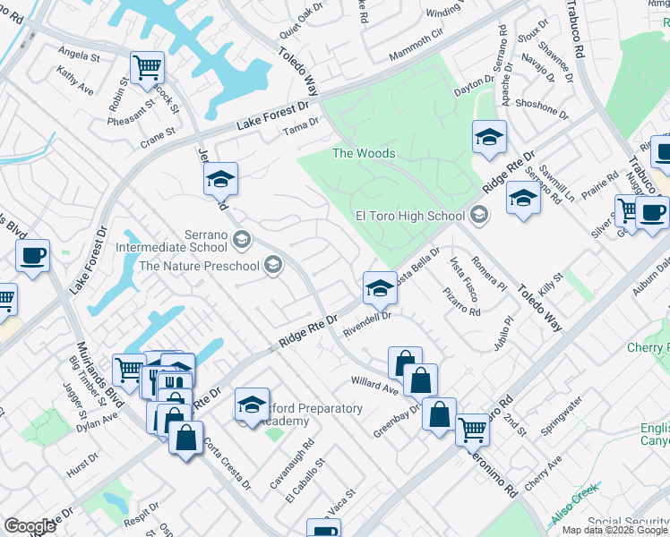 map of restaurants, bars, coffee shops, grocery stores, and more near 22556 Charwood Circle in Lake Forest