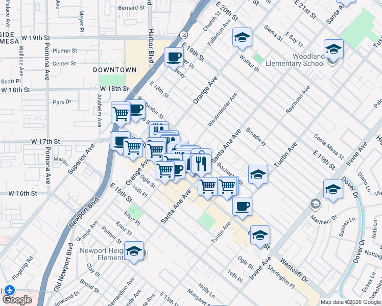 map of restaurants, bars, coffee shops, grocery stores, and more near 254 Cabrillo Street in Costa Mesa