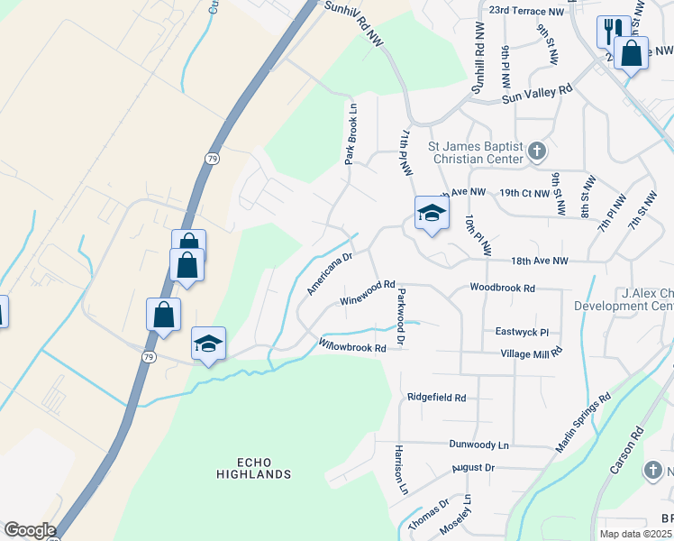 map of restaurants, bars, coffee shops, grocery stores, and more near 1321 Americana Drive in Birmingham