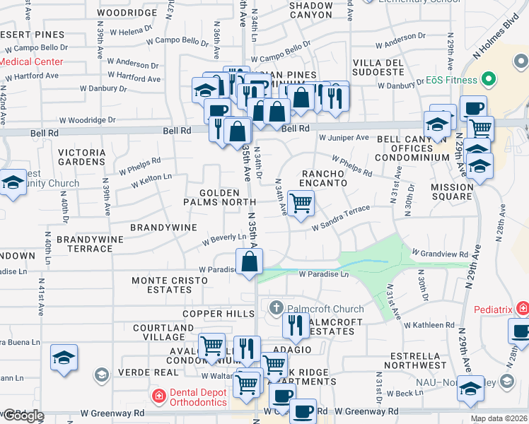 map of restaurants, bars, coffee shops, grocery stores, and more near 3402 West Aire Libre Avenue in Phoenix