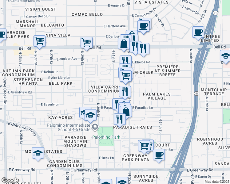 map of restaurants, bars, coffee shops, grocery stores, and more near 16243 North 31st Street in Phoenix