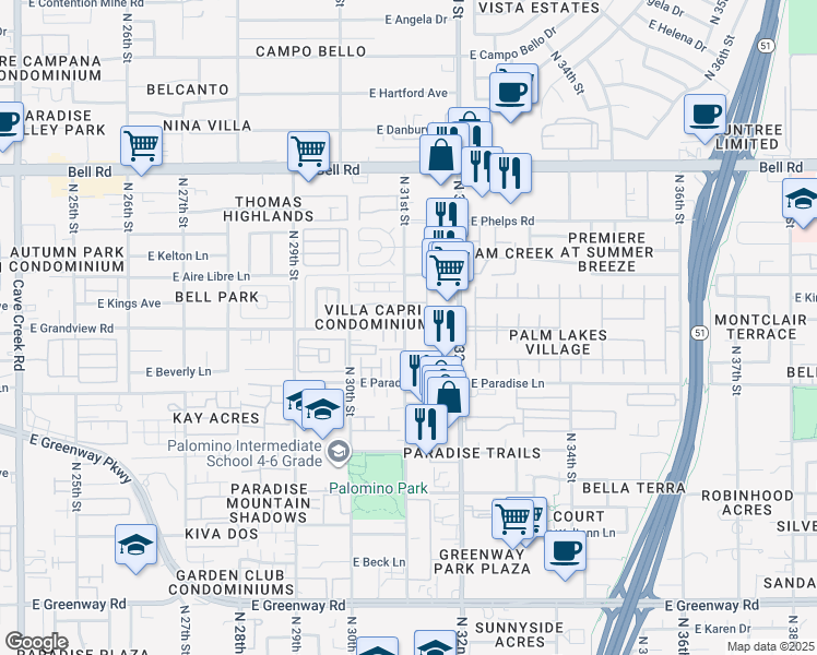 map of restaurants, bars, coffee shops, grocery stores, and more near 16404 North 31st Street in Phoenix