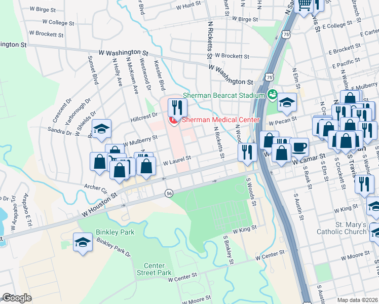 map of restaurants, bars, coffee shops, grocery stores, and more near 301 North Highland Avenue in Sherman