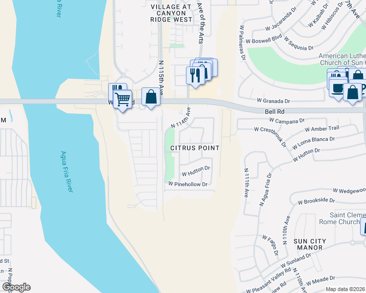 map of restaurants, bars, coffee shops, grocery stores, and more near 16734 North 114th Drive in Surprise