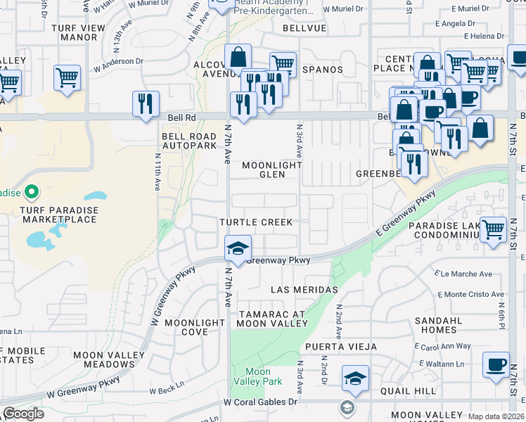 map of restaurants, bars, coffee shops, grocery stores, and more near 409 West Fellars Drive in Phoenix